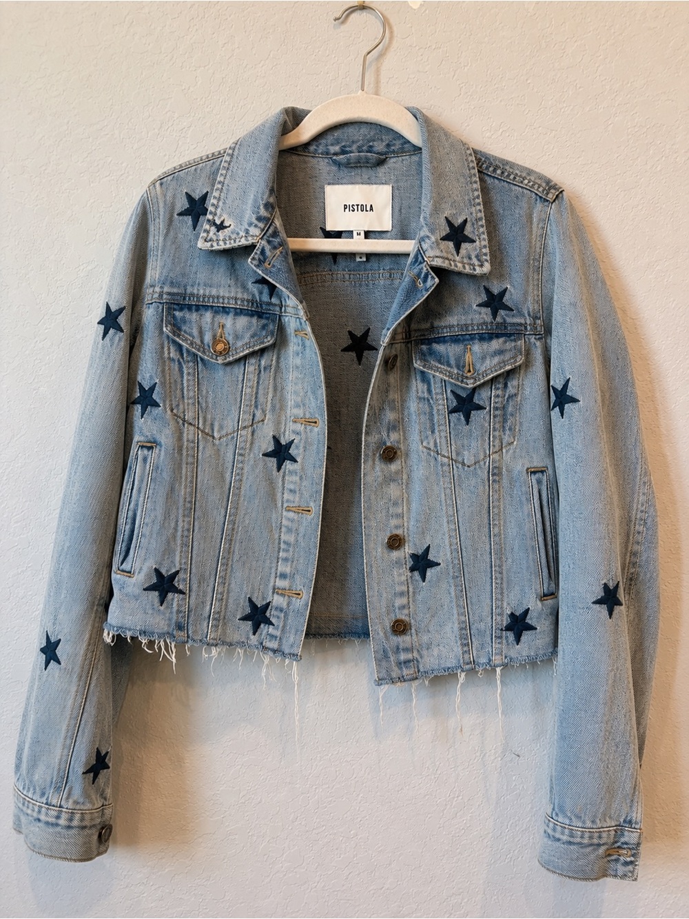 Pistola Star Embroidered Cropped Denim Jacket Raw Hem Light Wash Size Medium